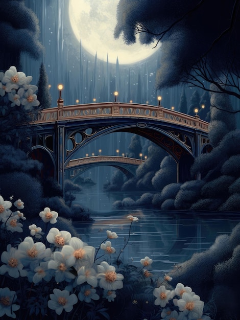 Moonlit Bridge and Flowers