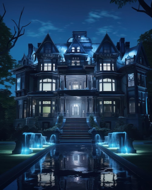 Moonlit bruce wayne's manor with bluish gray neon lighting captured on google street view