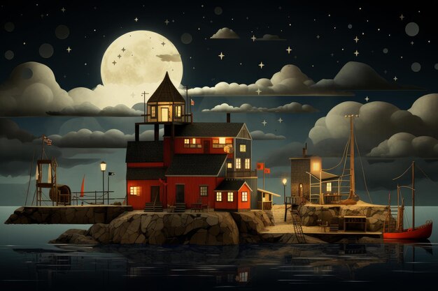 Moonlit coastal night scene with fishing house