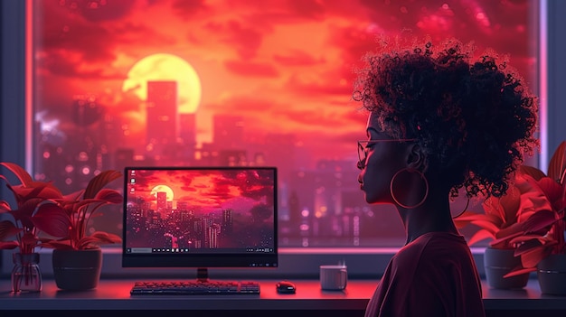 Moonlit Coding Woman Engrossed in Computer Work Against Red Lunar Glow