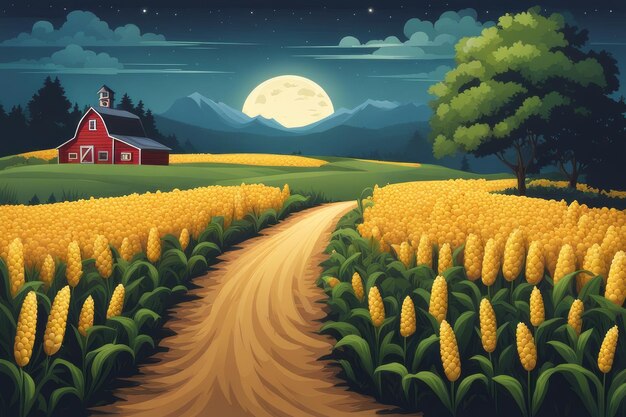 Moonlit Crossroads Rustic Cornfield Landscape met houten wegwijzer