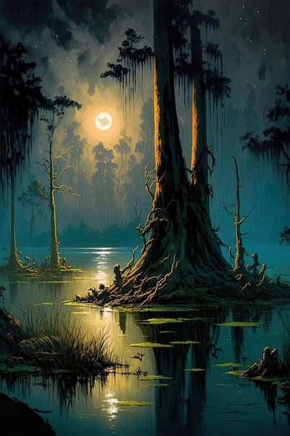 月光 に 照らさ れ て いる サイプレス 沼 の 暗い 樹木 と 謎めいた 美しさ