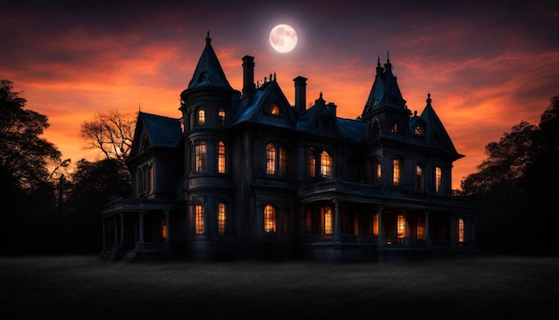 写真 月光の荒れ果てた邸宅 恐ろしい影と幽霊の魅力