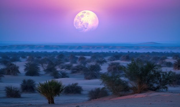 A moonlit desert with a purple sky and the moon in the background.