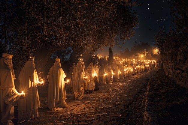 Foto la devozione alla luce della luna la cordiale marcia dei fedeli con le candele pasquali nella serata tranquilla