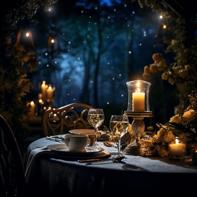写真 月明かりのダイニング キャンドルの光と高級料理に浸る魔法の夜