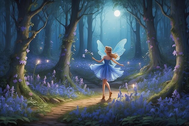 Moonlit Fairy Dance Whimsical Bluebell Scene