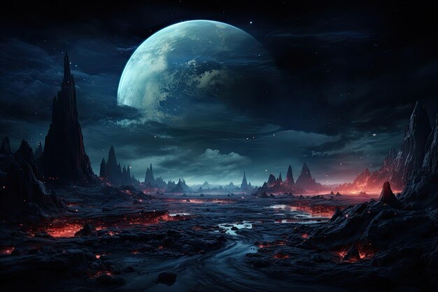 Фото Фантастический пейзаж под луной с речной вселенной, галактикой и туманностью в космосе