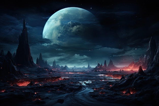 Moonlit Fantasy Landscape With River Universe Galaxy and Nebula in Outer Space