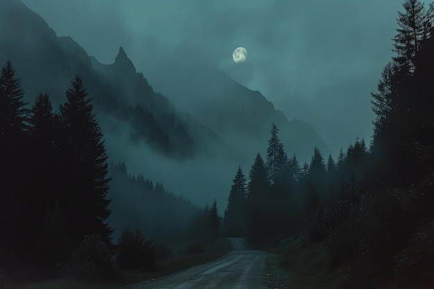 Moonlit Forest Road Amidst Misty Mountains