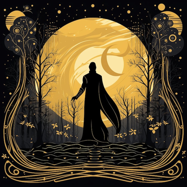 Moonlit Forest Summoning Sorcerer By Phantom Footprints Art Nouveau Gold