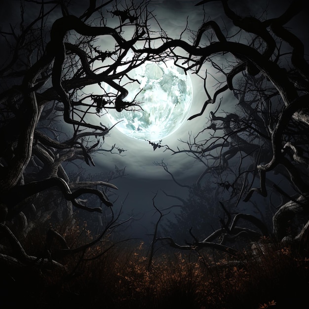 Moonlit forest twisted trees cast eerie shadows and mystical creatures emerge from the darkness