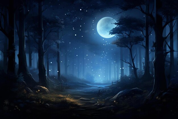 Moonlit forest with a starfilled sky nature background image