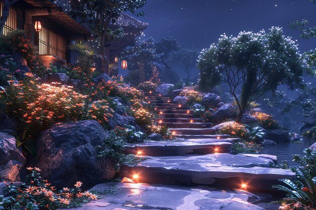 Moonlit garden with luminescent plants and a stargazing aread render