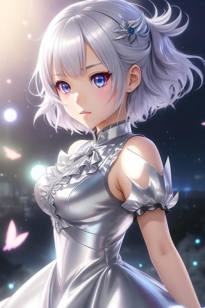 Moonlit Glamour Anime Girl in a Silver Mini Dress