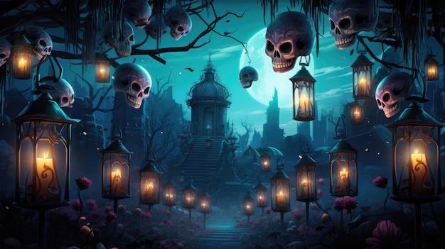 a moonlit graveyard adorned with glowing sugar skull lanterns