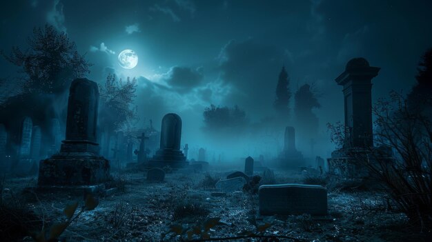 Moonlit graveyard with fog and ancient tombstones