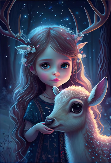 Moonlit Harmony Cute and Sweet Baby Girl with Deer Sitting in the Night