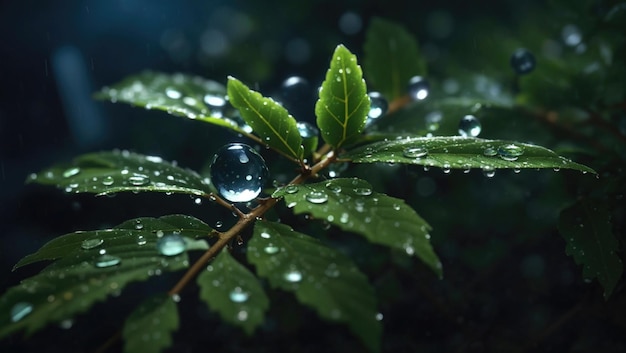 月光のハーモニー 水滴のマクロビュー 雨にキスされたバルサム杉の葉