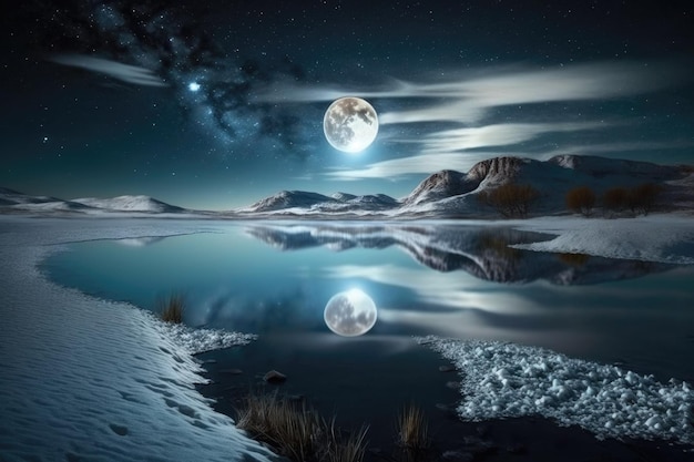 Moonlit ice lake