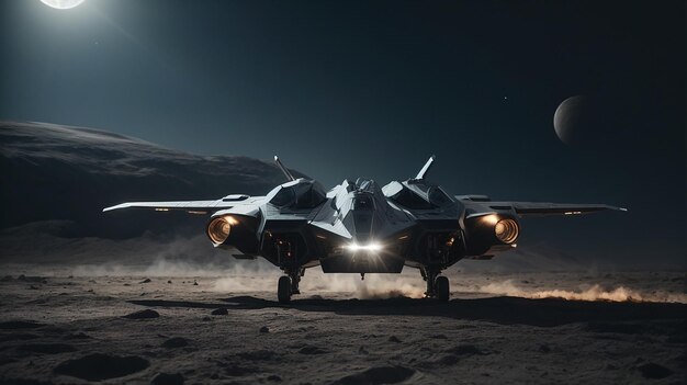 Foto moonlight infiltration stealth fighter jet drones senza soluzione di continuità in terreni lunari per operazioni segrete precise