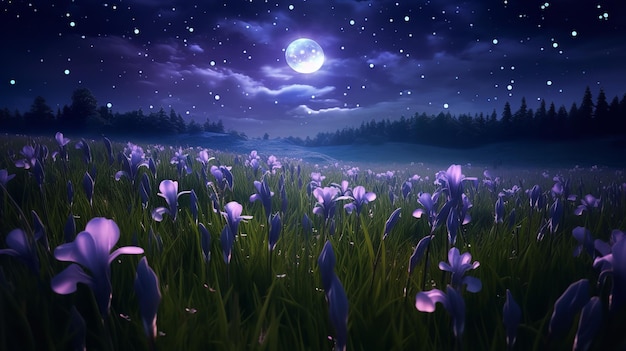 Moonlit iris field and fireflies ai generated