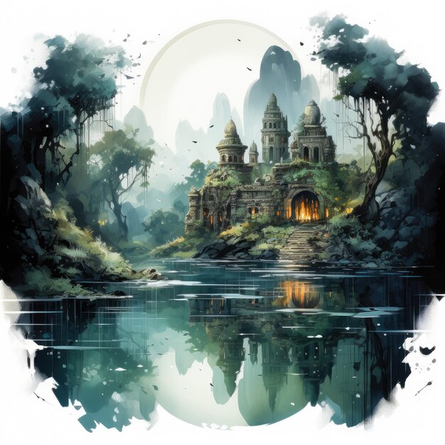 Moonlit Lake with Ancient Ruins Watercolor Clipart