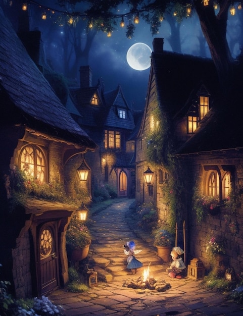 A moonlit lane in England bustling with activity from the tiny kobolds and beautiful tinkerbells