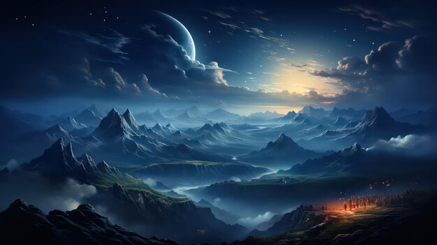 Moonlit Majesty Mountains Bathed in Soft Glow under a Clear Night Sky