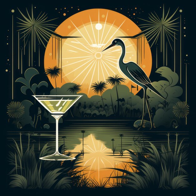 Moonlit Martini Serenade Art Deco illustratie van reigers en Martini's in de Louisiana Bayou