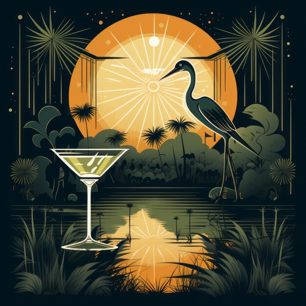 Moonlit Martini Serenade Art Deco Illustration of Herons and Martinis in the Louisiana Bayou