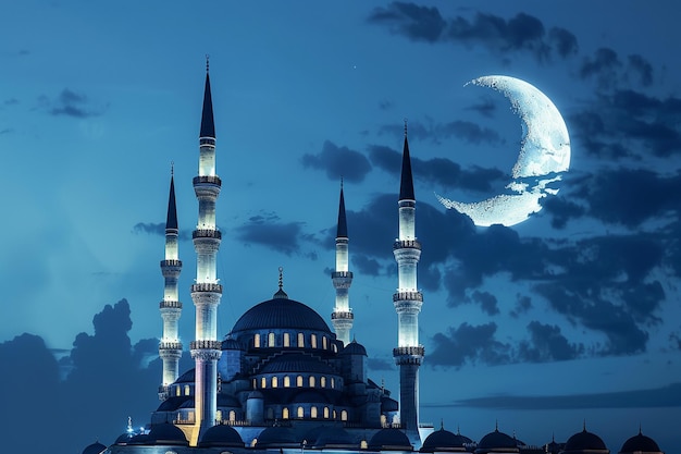 Moonlit Marvel Illuminated Mosque and Crescent Moon