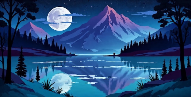 月明かり の 山 の 湖 の 景色