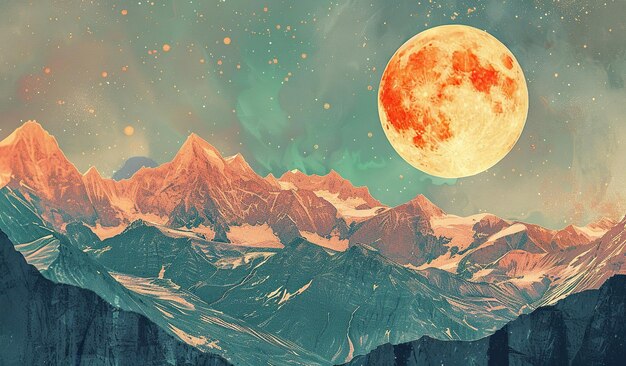 Moonlit mountain range painting