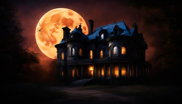 달빛의 신비가 유령의 저택을 둘러싸고 있다