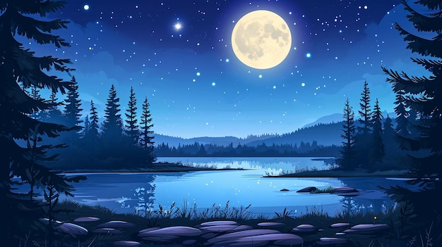 나무와 보름달이 있는 호수 위의 달빛 밤