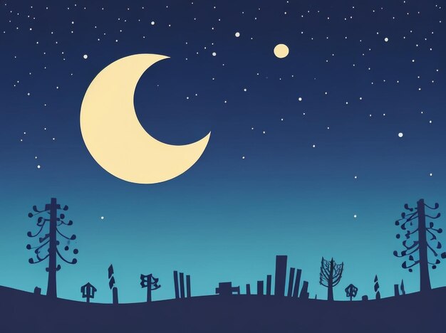 Фото Ночной пейзаж под луной с векторной иллюстрацией луны и звезд