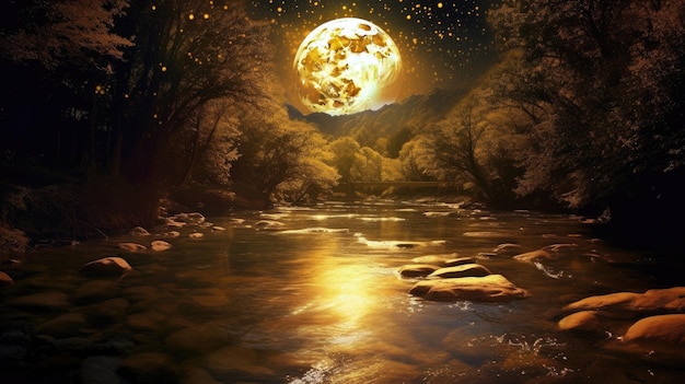 A moonlit night over a river with a full moon