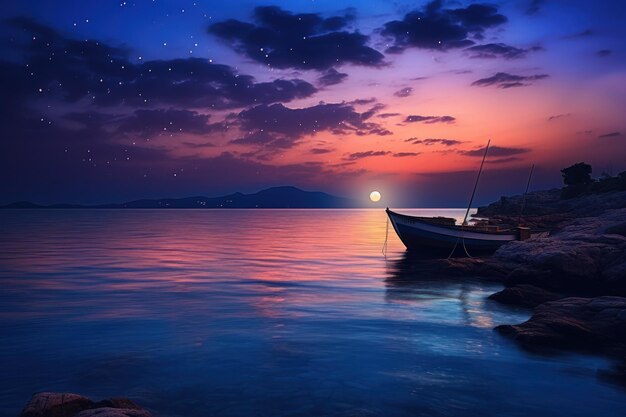 Moonlit night at sea with a colorful sky and a serene natural landscape