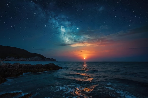 Moonlit night at sea with a colorful sky and a serene natural landscape