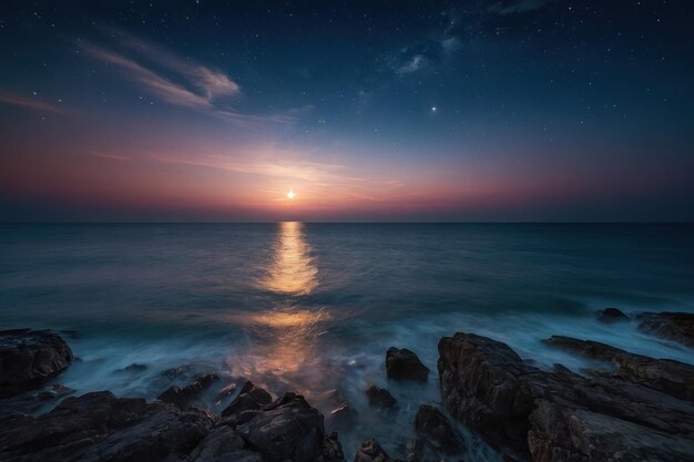 Moonlit night at sea with a colorful sky and a serene natural landscape