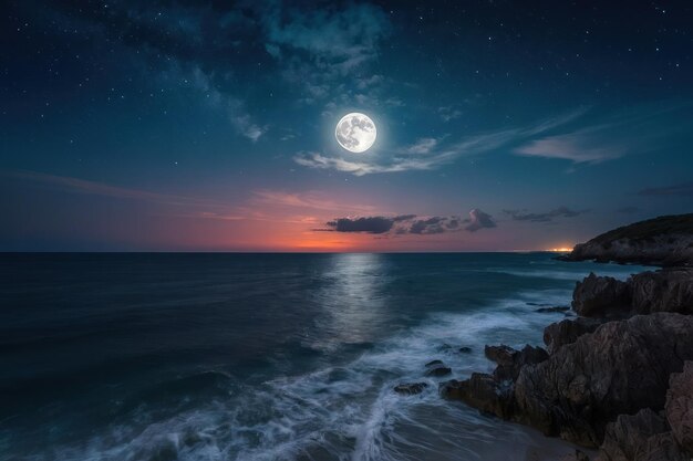 Moonlit night at sea with a colorful sky and a serene natural landscape