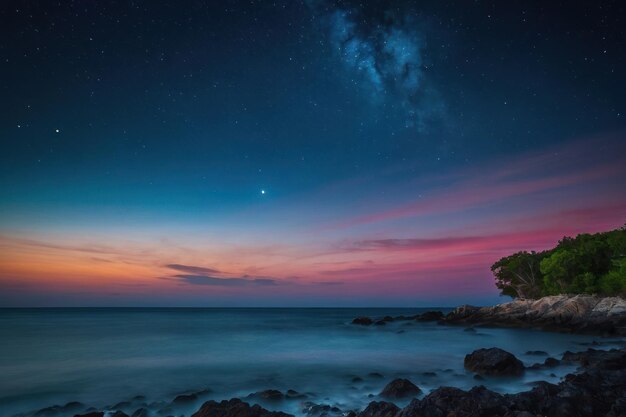 Moonlit night at sea with a colorful sky and a serene natural landscape