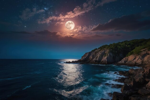 Moonlit night at sea with a colorful sky and a serene natural landscape