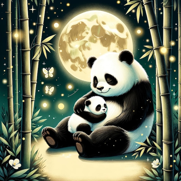 Moonlit Panda Embrace A Nocturnal Family Affection