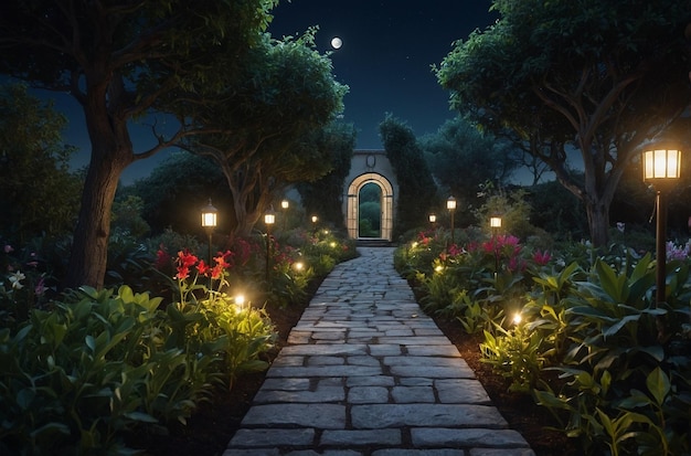 Moonlit path leading through a garden