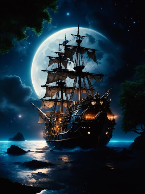 月明かりに照らされた海賊船の壁紙