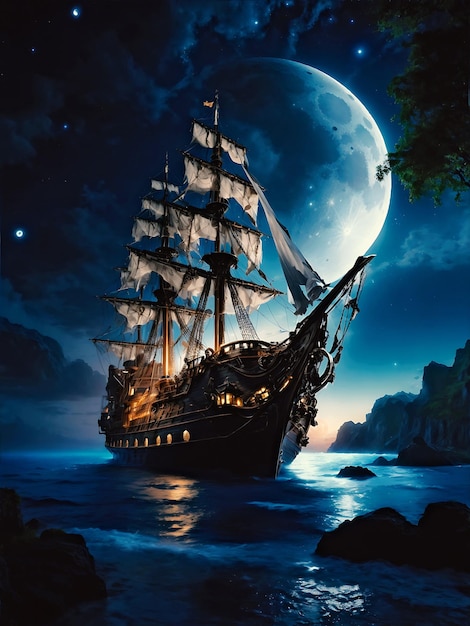 Moonlit Pirate Ship 바탕화면