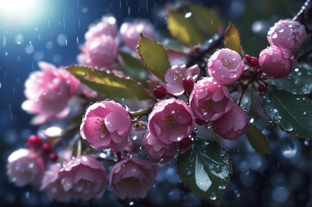 Photo moonlit radiance raindrenched cherry tree in blossom