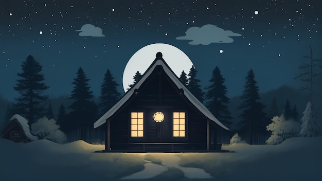 Moonlit Refuge Cabin in the Woods under a Pink Sky with Moon and Stars